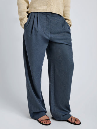Proenza Schouler Detail image of model wearing Eleanor Pant in Wool Melange in Denim