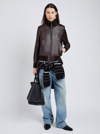 Proenza Schouler full length front image of Elenora Jacket in Lightweight Leather in Chocolate