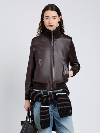 Proenza Schouler cropped front image of Elenora Jacket in Lightweight Leather in Chocolate