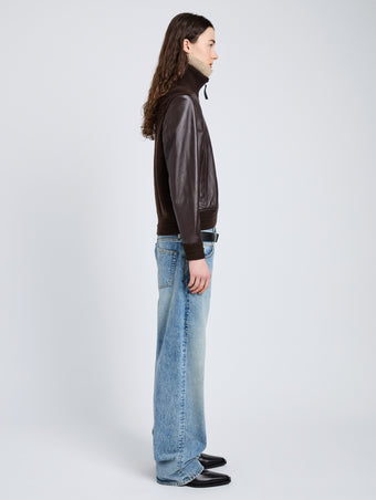Proenza Schouler full length side image of Elenora Jacket in Lightweight Leather in Chocolate