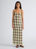 Proenza Schouler Full length front image of model wearing the Evelyn Dress in Plaid Gauze in straw multi 