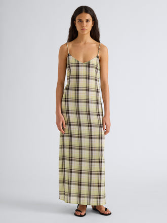 Proenza Schouler Full length front image of model wearing the Evelyn Dress in Plaid Gauze in straw multi 