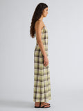 Proenza Schouler Full length side image of model wearing the Evelyn Dress in Plaid Gauze in straw multi 