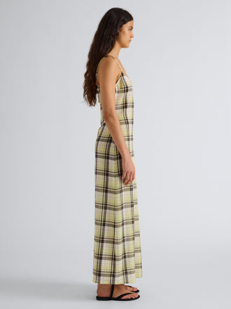 Proenza Schouler Full length side image of model wearing the Evelyn Dress in Plaid Gauze in straw multi 
