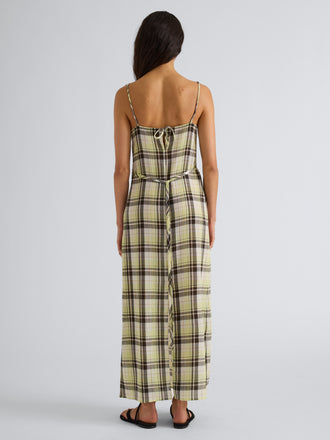 Proenza Schouler Full length back image of model wearing the Evelyn Dress in Plaid Gauze in straw multi 