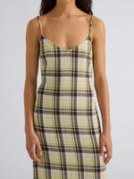 Proenza Schouler detail image of model wearing the Evelyn Dress in Plaid Gauze in straw multi 