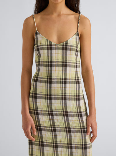 Proenza Schouler detail image of model wearing the Evelyn Dress in Plaid Gauze in straw multi 