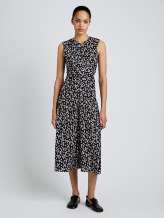 Proenza Schouler front image of model wearing Ella Dress in Printed Silk Viscose in black multi