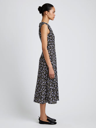 Proenza Schouler side image of model wearing Ella Dress in Printed Silk Viscose in black multi