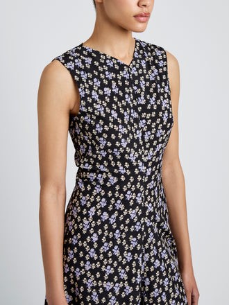 Proenza Schouler detail image of model wearing Ella Dress in Printed Silk Viscose in black multi