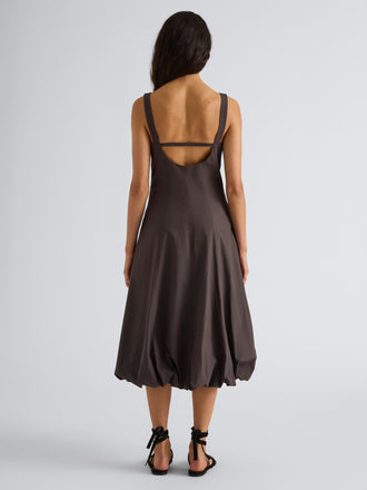 Proenza Schouler Back full length image of model wearing Ella Dress in Rumpled Cotton in Coffee