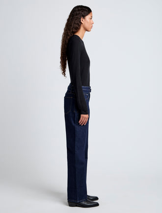 Proenza Schouler side image of model wearing Ellsworth Jean in INDIGO