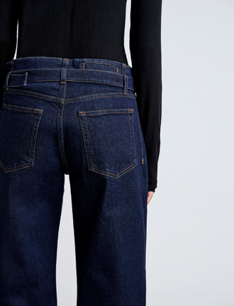 Proenza Schouler detail image of model wearing Ellsworth Jean in INDIGO