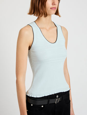 Proenza Schouler Detail image of model wearing the Eloise Knit Top in Lightweight Cotton in Frost