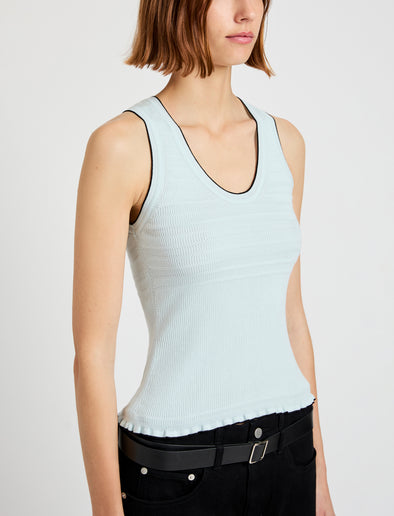 Proenza Schouler Detail image of model wearing the Eloise Knit Top in Lightweight Cotton in Frost