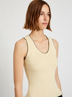 Proenza Schouler Detail image of model wearing Eloise Knit Top in lightweight Cotton in Light Butter