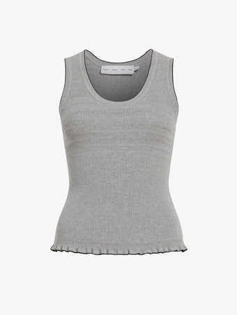 Proenza Schouler Detail image of model wearing Eloise Knit Top in lightweight Cotton in Pale Grey Melange 