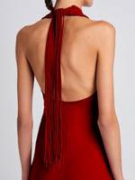 Proenza Schouler Detail image of model wearing Ember Dress in Light Matte Viscose Crepe in RED