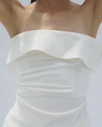 Cropped image of model wearing Felicity Top in Matte Double Crepe in white