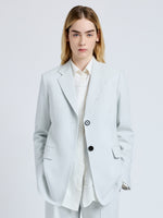 Proenza Schouler Front cropped image of model wearing the Eva Jacket in Cotton Viscose Suiting in Pale Grey