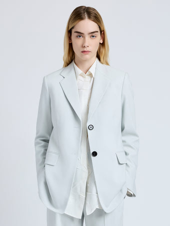 Proenza Schouler Front cropped image of model wearing the Eva Jacket in Cotton Viscose Suiting in Pale Grey