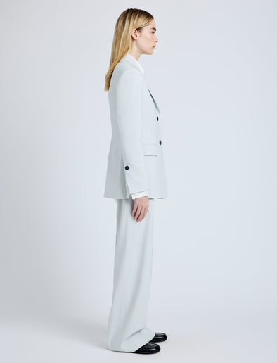 Proenza Schouler Side full length image of model wearing Eva Jacket in Cotton Viscose Suiting in Pale Grey