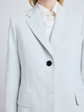 Proenza Schouler Detail image of model wearing the Eva Jcket in Cotton Viscose Suiting in Pale Grey