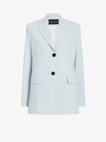 Proenza Schouler Front cropped image of model wearing Eva Jacket in Cotton Viscose Suiting in Pale Grey