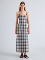 Proenza Schouler Front Full Length on model Image of Evelyn Dress in Plaid Gauze in Sky 