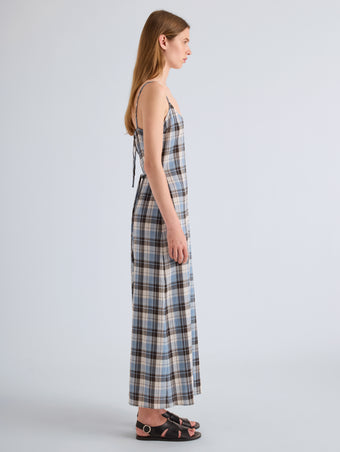 Proenza Schouler side Full Length on model Image of Evelyn Dress in Plaid Gauze in Sky 
