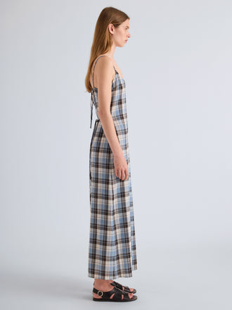 Proenza Schouler side Full Length on model Image of Evelyn Dress in Plaid Gauze in Sky 