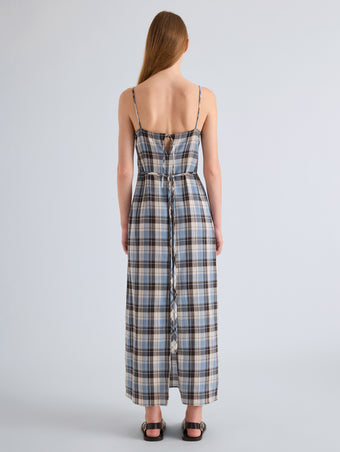 Proenza Schouler Back Full Length on model Image of Evelyn Dress in Plaid Gauze in Sky 