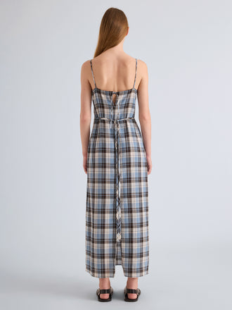 Proenza Schouler Back Full Length on model Image of Evelyn Dress in Plaid Gauze in Sky 