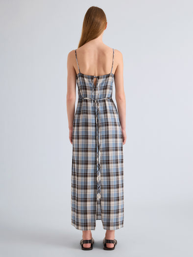 Proenza Schouler Back Full Length on model Image of Evelyn Dress in Plaid Gauze in Sky 