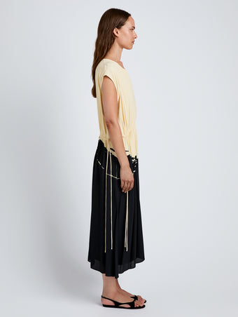 Proenza Schouler side image of model wearing Ezra Dress in Printed Viscose in black multi