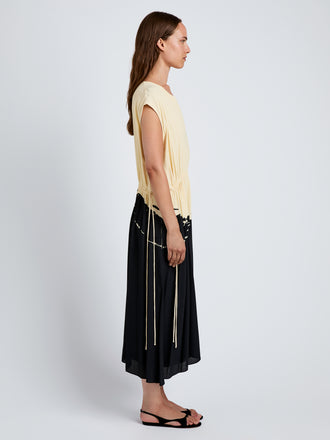Proenza Schouler side image of model wearing Ezra Dress in Printed Viscose in black multi