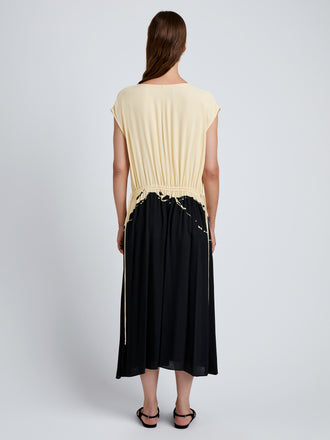 Proenza Schouler back image of model wearing Ezra Dress in Printed Viscose in black multi