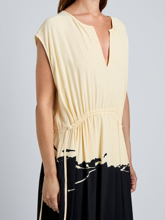 Proenza Schouler detail image of model wearing Ezra Dress in Printed Viscose in black multi