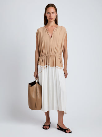 Proenza Schouler front image of model wearing Ezra Dress in Printed Viscose in khaki multi