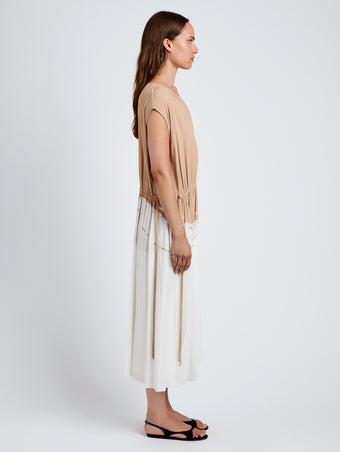 Proenza Schouler side image of model wearing Ezra Dress in Printed Viscose in khaki multi