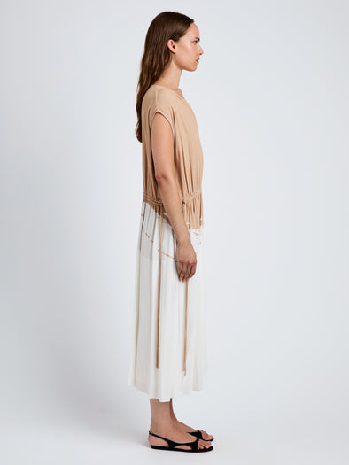 Proenza Schouler side image of model wearing Ezra Dress in Printed Viscose in khaki multi