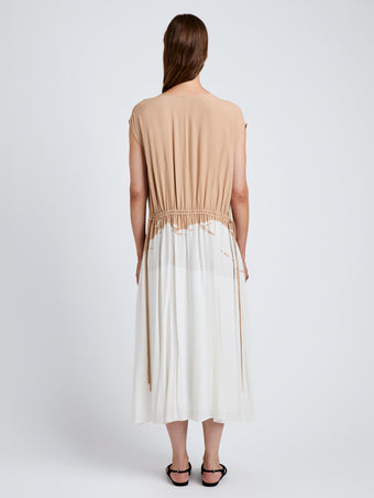 Proenza Schouler back image of model wearing Ezra Dress in Printed Viscose in khaki multi