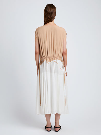 Proenza Schouler back image of model wearing Ezra Dress in Printed Viscose in khaki multi