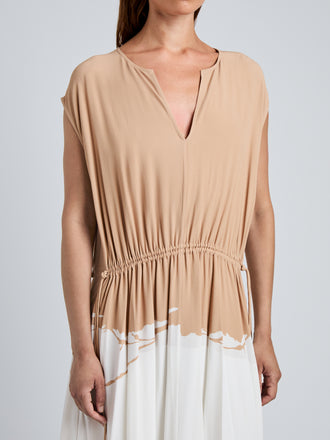 Proenza Schouler detail image of model wearing Ezra Dress in Printed Viscose in khaki multi