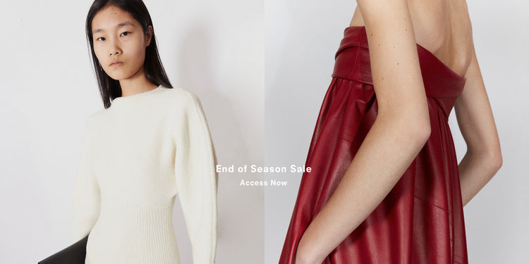 Split image of model wearing Wool Viscose Boucle Dress in ivory and cropped image of model wearing Nappa Leather Strapless Dress in crimson