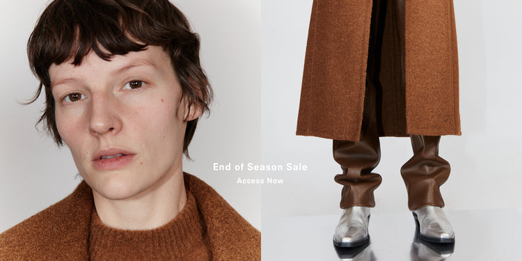 Cropped diptych image of model in Double Face Llama Wool Coat in umber