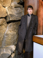 Proenza Schouler Front full length editorial image of model wearing Orlando Coat in Wool in Charcoal Herringbone