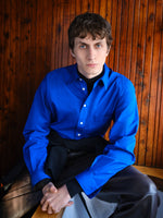 Proenza Schouler Front cropped image of model wearing Simon Shirt in Poplin in Cobalt Blue