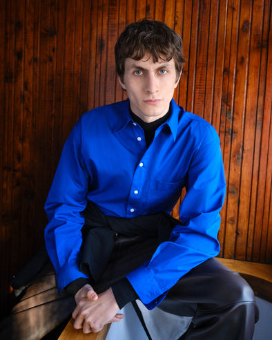 Proenza Schouler Front cropped image of model wearing Simon Shirt in Poplin in Cobalt Blue