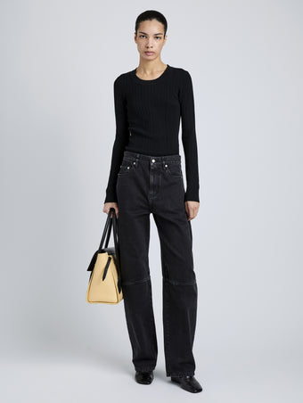 Proenza Schouler Full Length Front Image of model wearing Fedda Top in Micro Pleat Knit in Black
